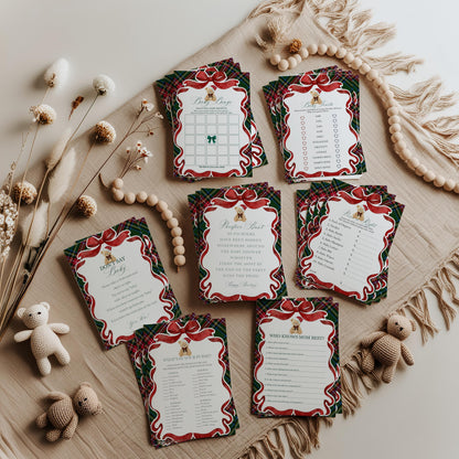 Green Tartan Plaid Christmas Bear Baby Shower Games Template, We Can Bearly Wait Christmas Baby Sprinkle, December Plaid Bear Nesting WP1083