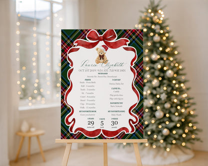 Green Tartan Plaid Christmas Bear First Year Milestone Sign Printable Template, Beary First Birthday Christmas Birthday Party Decor WP1083