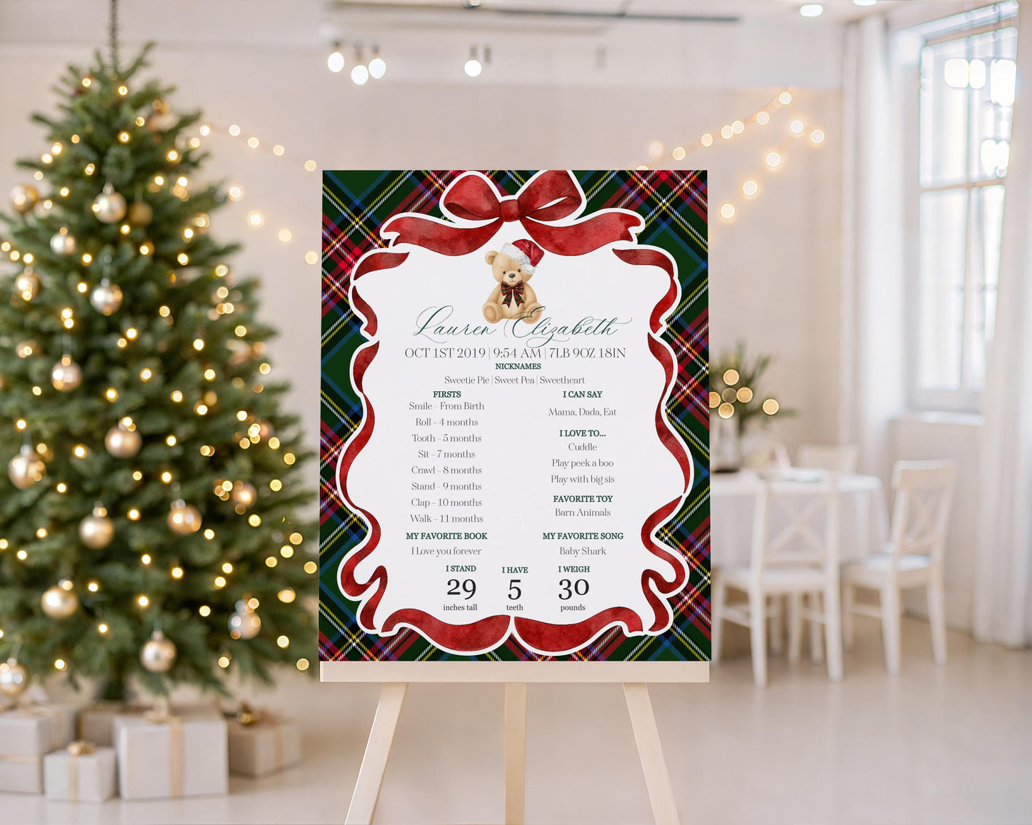 Green Tartan Plaid Christmas Bear First Year Milestone Sign Printable Template, Beary First Birthday Christmas Birthday Party Decor WP1083