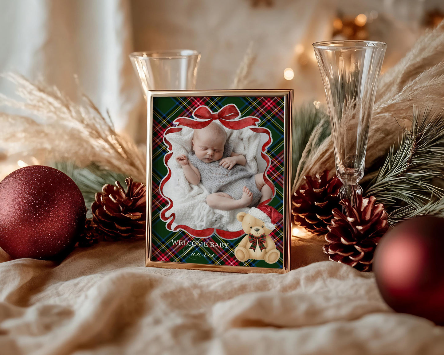 Green Tartan Plaid Christmas Bear 1st Birthday Milestone Banner Template, December Beary 1st Birthday Christmas Birthday Party Decor WP1083