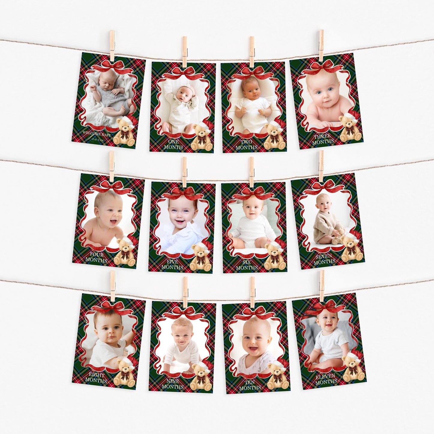 Green Tartan Plaid Christmas Bear 1st Birthday Milestone Banner Template, December Beary 1st Birthday Christmas Birthday Party Decor WP1083