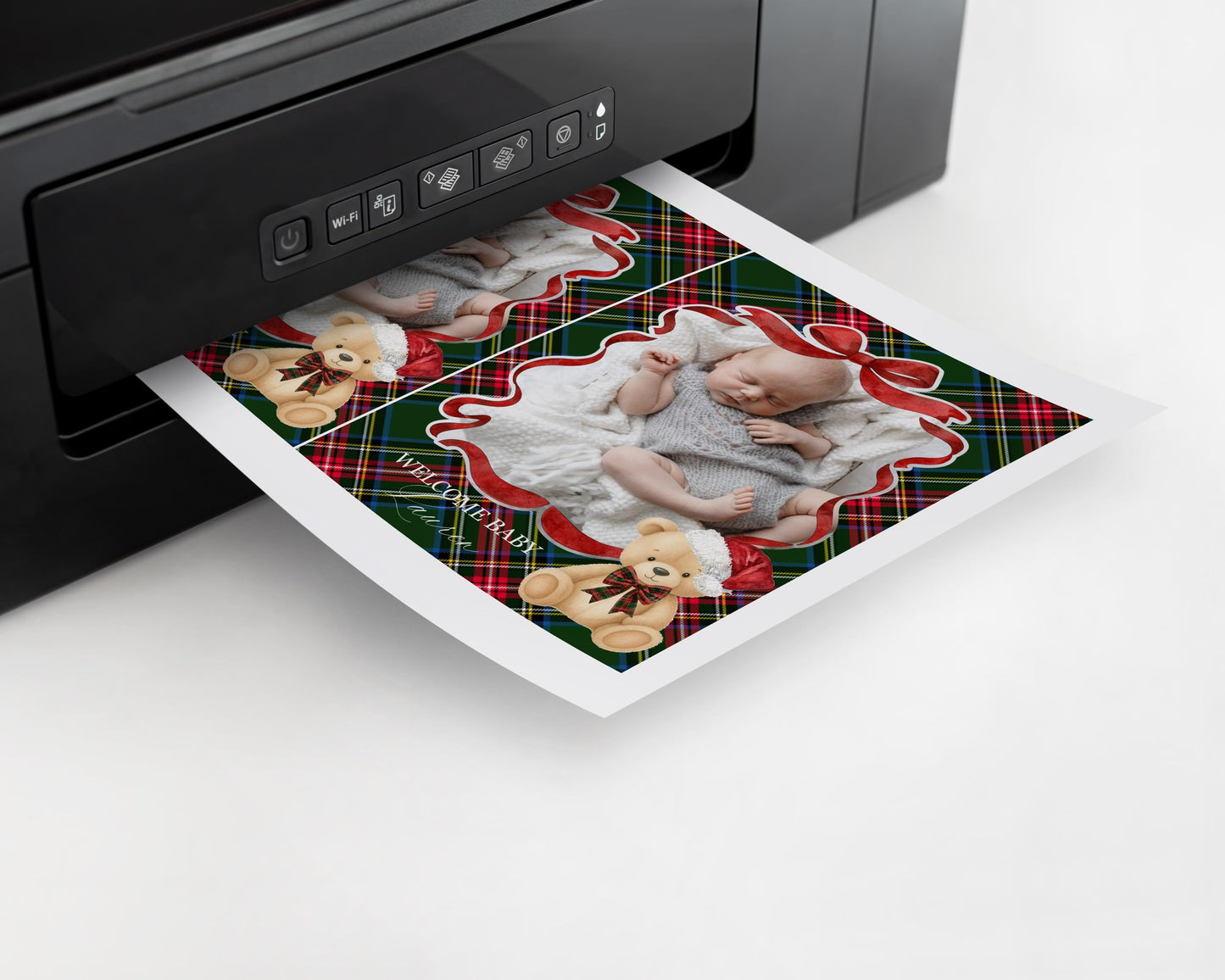 Green Tartan Plaid Christmas Bear 1st Birthday Milestone Banner Template, December Beary 1st Birthday Christmas Birthday Party Decor WP1083