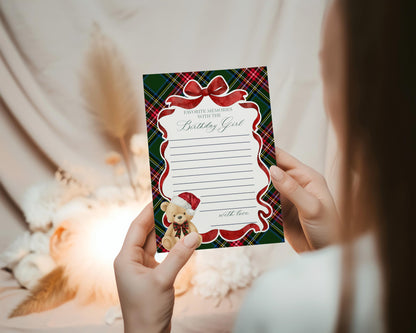Green Tartan Plaid Christmas Bear Favorite Memories Birthday Template, Christmas Teddy Bear Birthday Party, December Plaid Bear Party WP1083