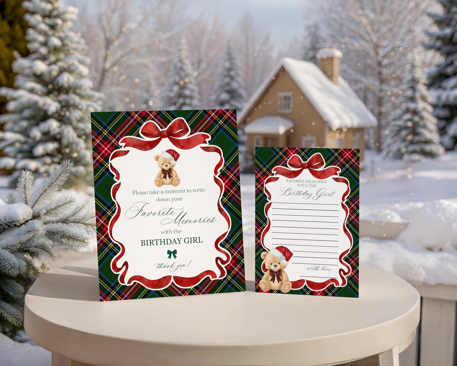Green Tartan Plaid Christmas Bear Favorite Memories Birthday Template, Christmas Teddy Bear Birthday Party, December Plaid Bear Party WP1083