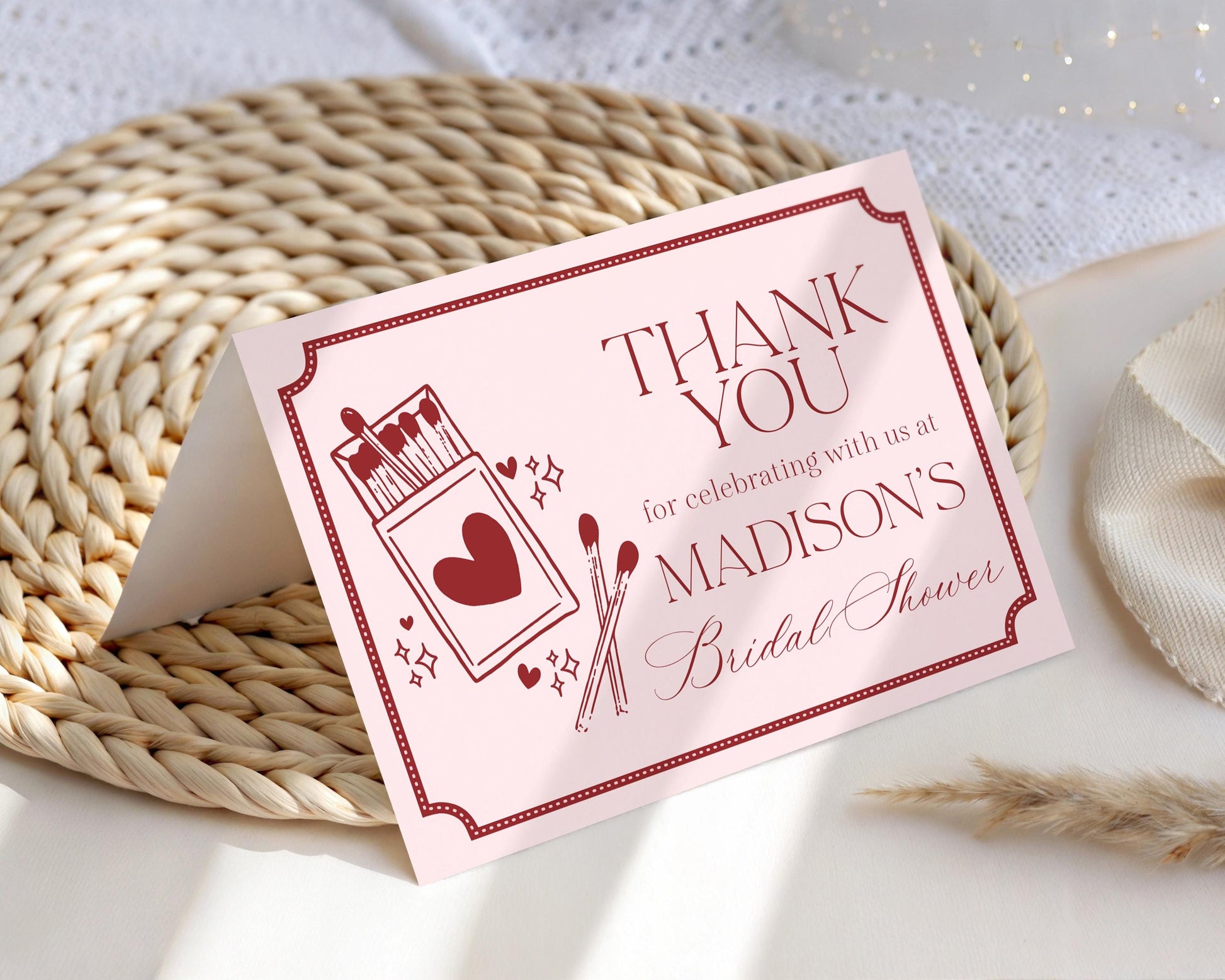 Perfect Match Thank You Card Template, Match Made In Heaven Bridal Shower, Matchbox Theme Lingerie Shower, Red & Pink Bachelorette WP1084