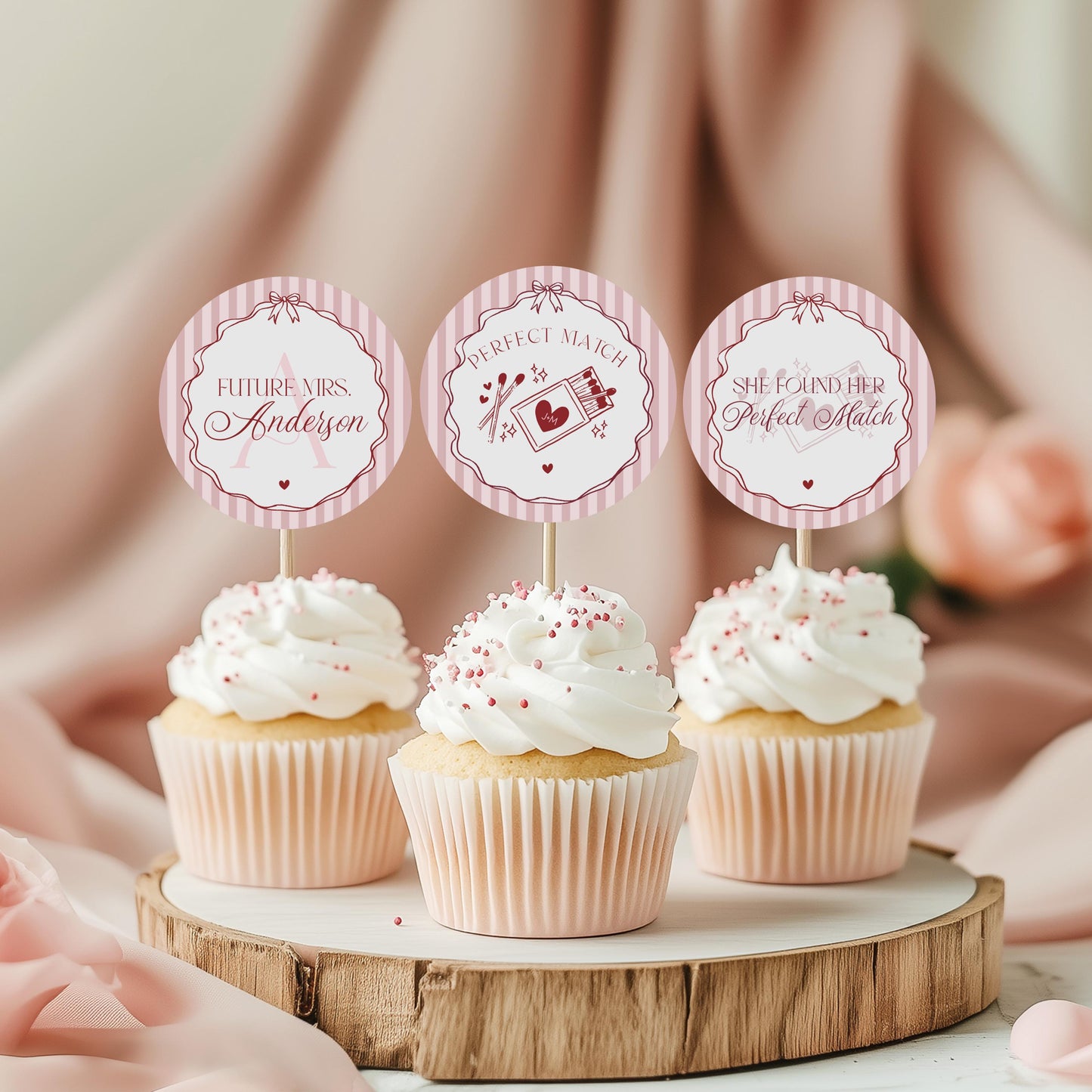 Perfect Match Cupcake Toppers Printable, Match Made In Heaven Bridal Shower, Matchbox Theme Lingerie Shower, Red & Pink Bachelorette WP1084