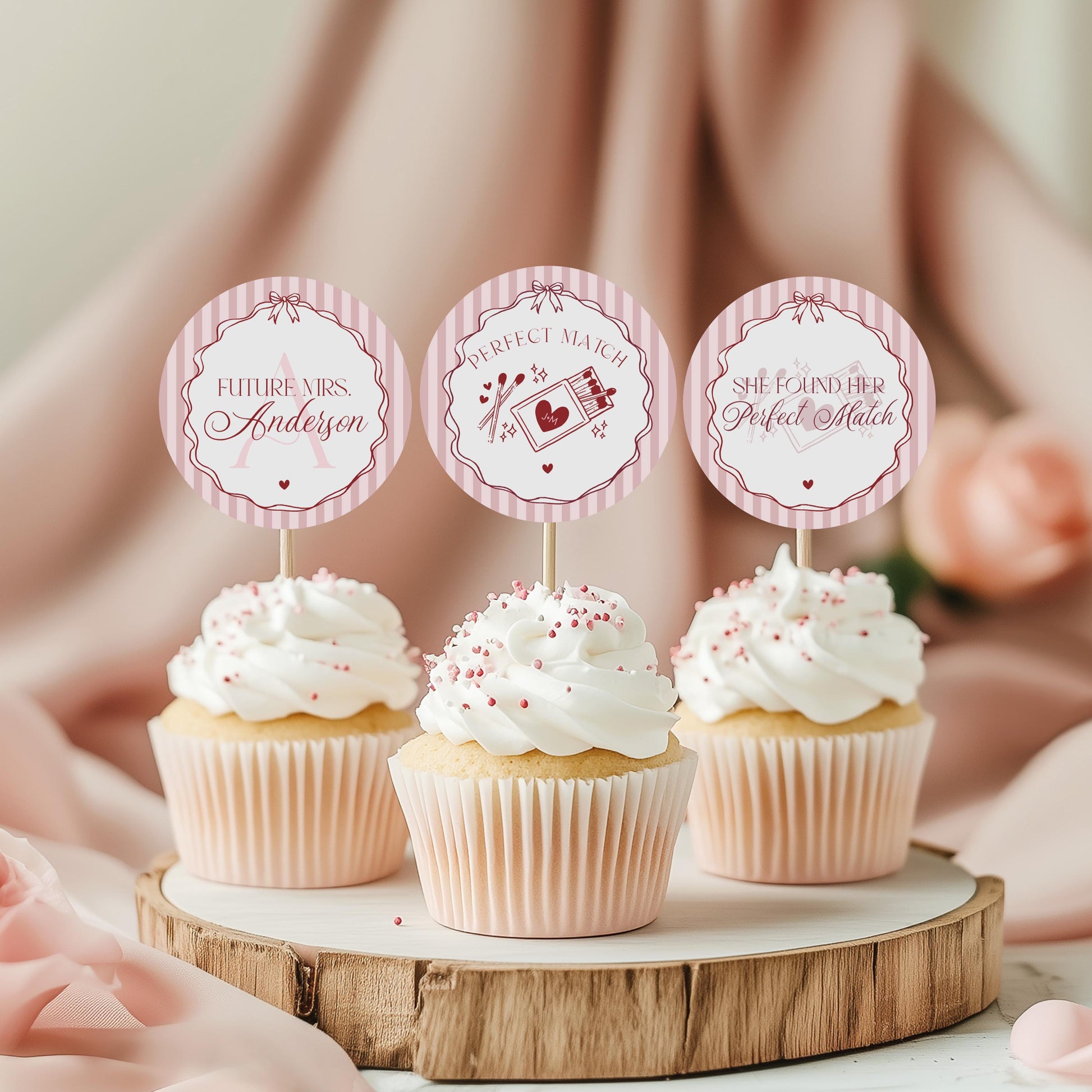Perfect Match Cupcake Toppers Printable, Match Made In Heaven Bridal Shower, Matchbox Theme Lingerie Shower, Red & Pink Bachelorette WP1084
