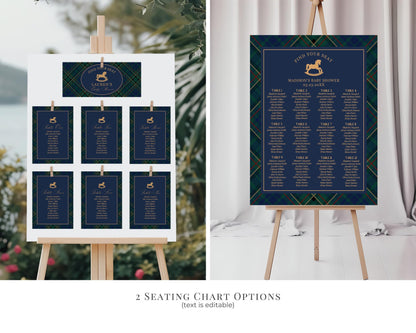 Classic Rocking Horse Baby Shower Bundle Printable Template, Blue Tartan Plaid Baby Sprinkle, Old Money Style Brunch with Mom to Be WP1087