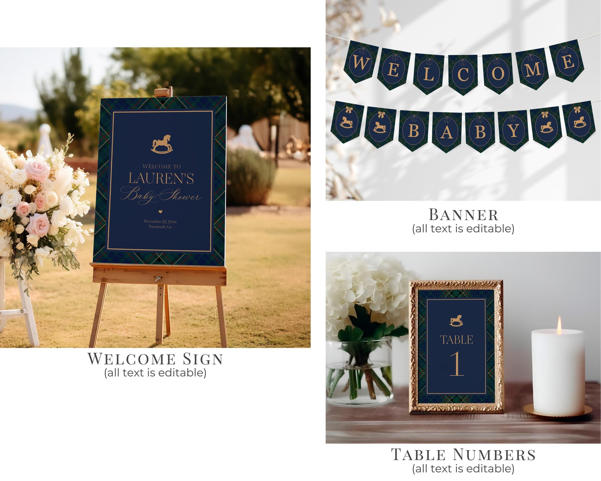 Classic Rocking Horse Baby Shower Bundle Printable Template, Blue Tartan Plaid Baby Sprinkle, Old Money Style Brunch with Mom to Be WP1087