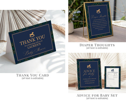 Classic Rocking Horse Baby Shower Bundle Printable Template, Blue Tartan Plaid Baby Sprinkle, Old Money Style Brunch with Mom to Be WP1087