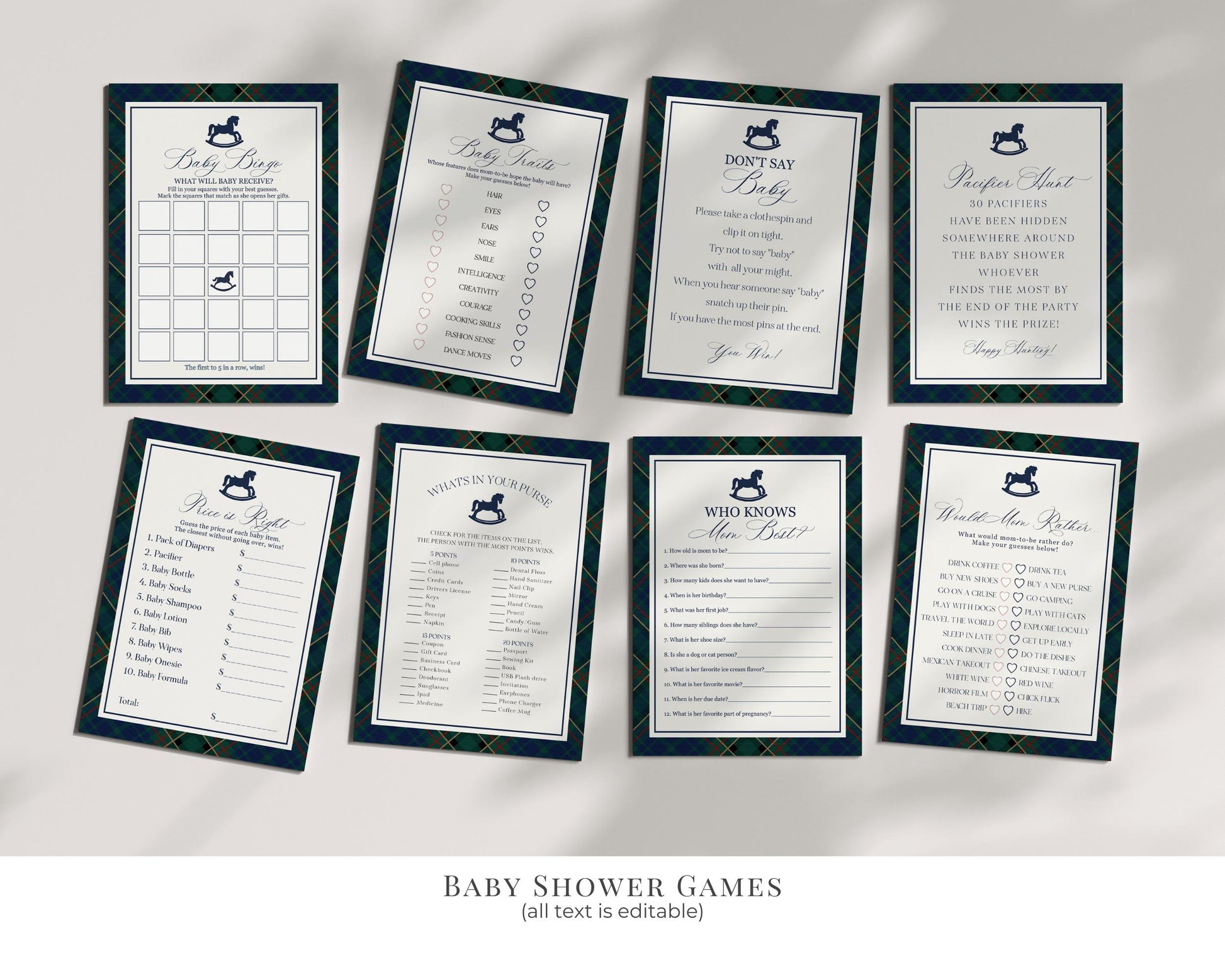 Classic Rocking Horse Baby Shower Bundle Printable Template, Blue Tartan Plaid Baby Sprinkle, Old Money Style Brunch with Mom to Be WP1087