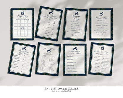 Classic Rocking Horse Baby Shower Bundle Printable Template, Blue Tartan Plaid Baby Sprinkle, Old Money Style Brunch with Mom to Be WP1087