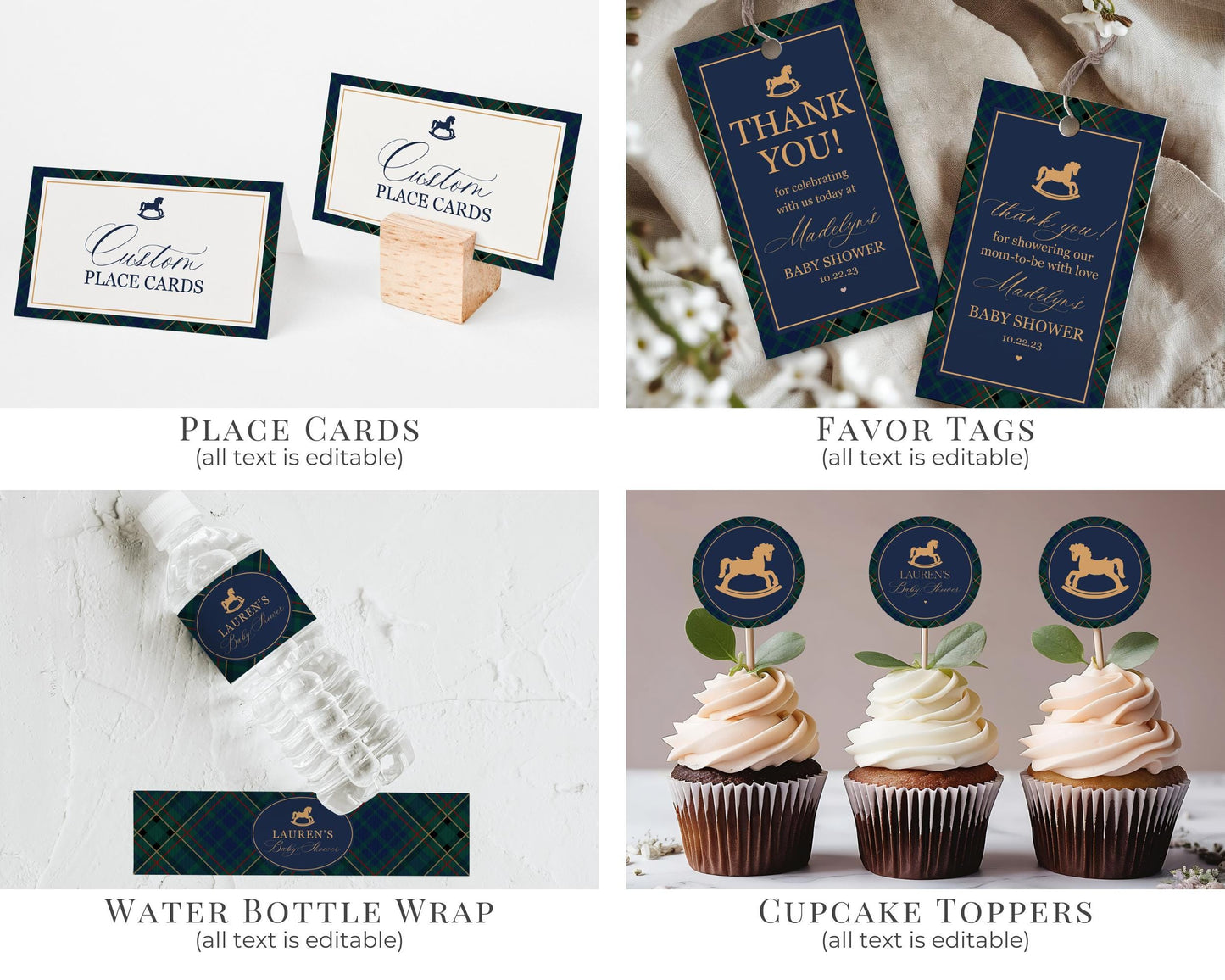 Classic Rocking Horse Baby Shower Bundle Printable Template, Blue Tartan Plaid Baby Sprinkle, Old Money Style Brunch with Mom to Be WP1087