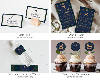 Classic Rocking Horse Baby Shower Bundle Printable Template, Blue Tartan Plaid Baby Sprinkle, Old Money Style Brunch with Mom to Be WP1087