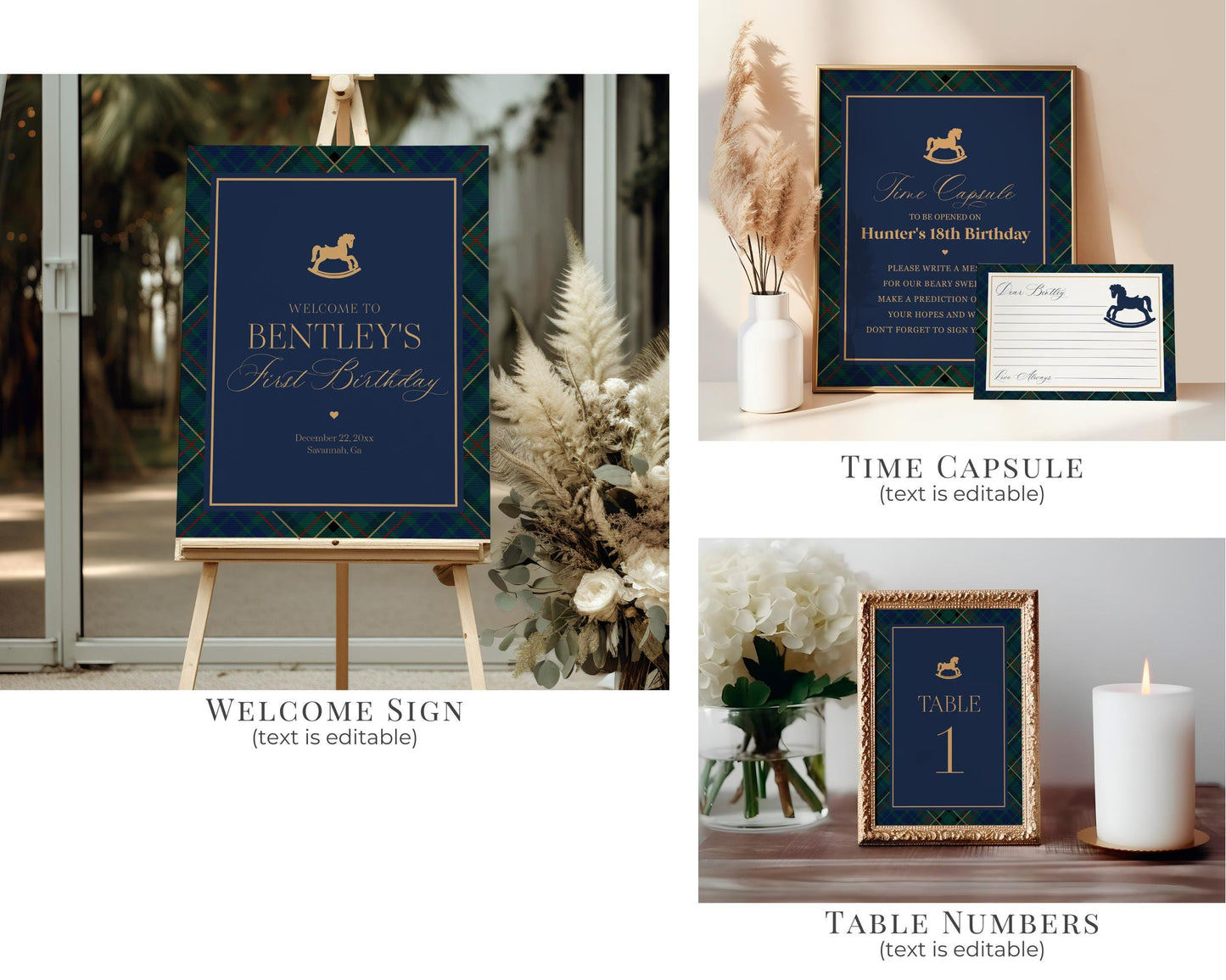 Classic Rocking Horse 1st Birthday Bundle Printable Template, Blue Tartan Plaid First Birthday Party, Old Money Style Bday Party WP1087