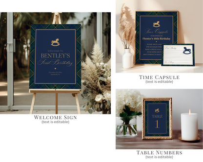 Classic Rocking Horse 1st Birthday Bundle Printable Template, Blue Tartan Plaid First Birthday Party, Old Money Style Bday Party WP1087