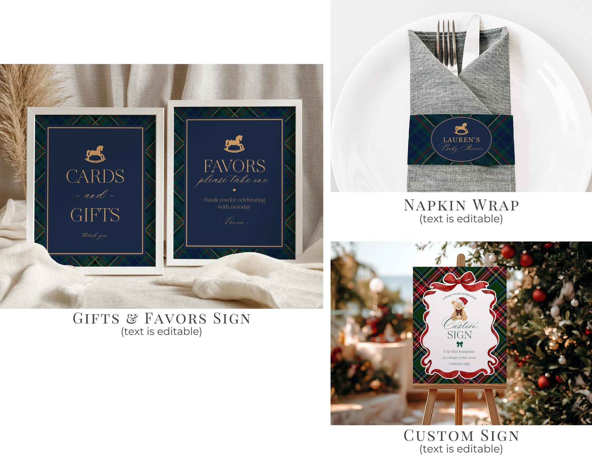 Classic Rocking Horse 1st Birthday Bundle Printable Template, Blue Tartan Plaid First Birthday Party, Old Money Style Bday Party WP1087