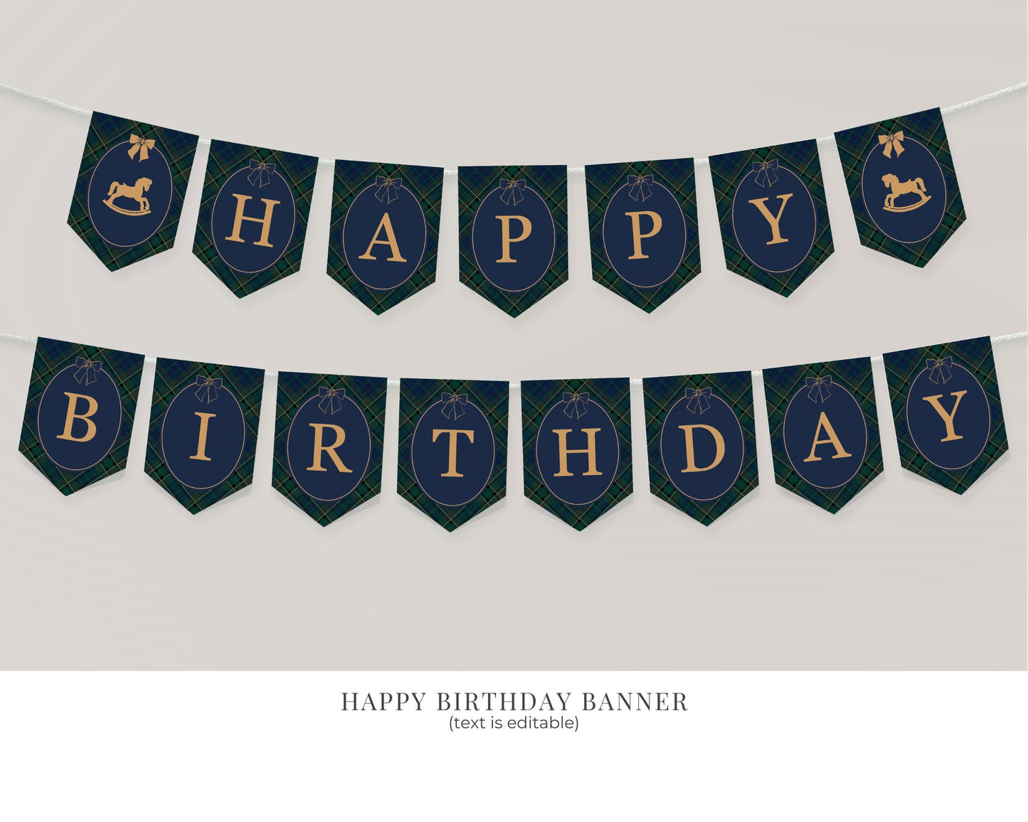 Classic Rocking Horse 1st Birthday Bundle Printable Template, Blue Tartan Plaid First Birthday Party, Old Money Style Bday Party WP1087