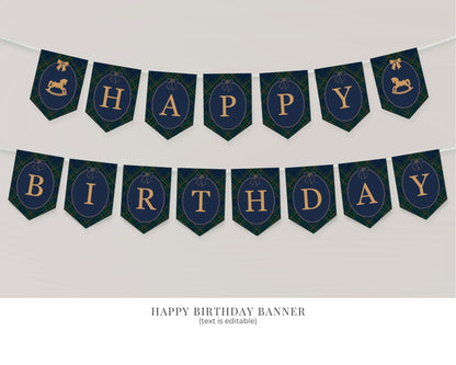 Classic Rocking Horse 1st Birthday Bundle Printable Template, Blue Tartan Plaid First Birthday Party, Old Money Style Bday Party WP1087