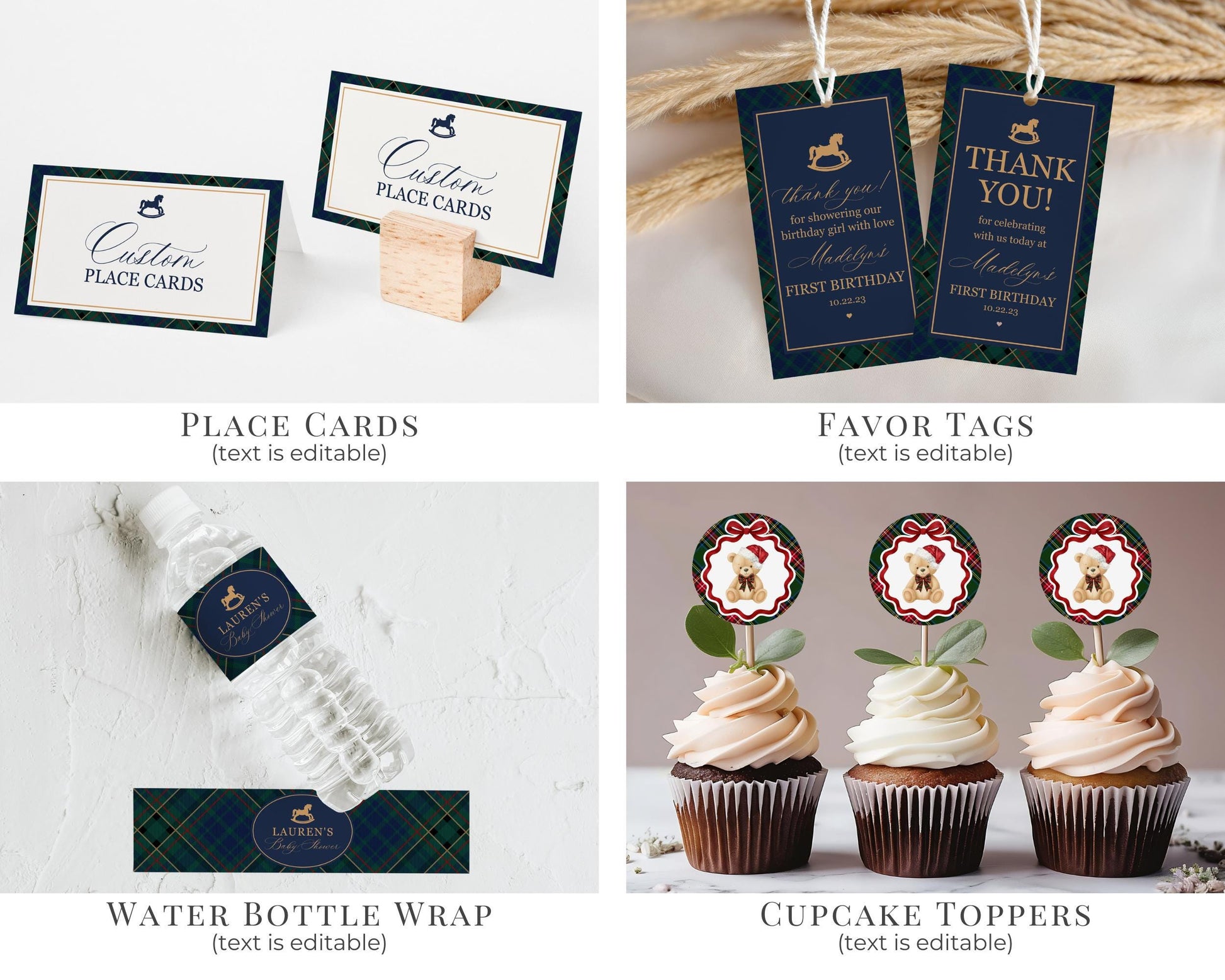 Classic Rocking Horse 1st Birthday Bundle Printable Template, Blue Tartan Plaid First Birthday Party, Old Money Style Bday Party WP1087