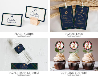 Classic Rocking Horse 1st Birthday Bundle Printable Template, Blue Tartan Plaid First Birthday Party, Old Money Style Bday Party WP1087