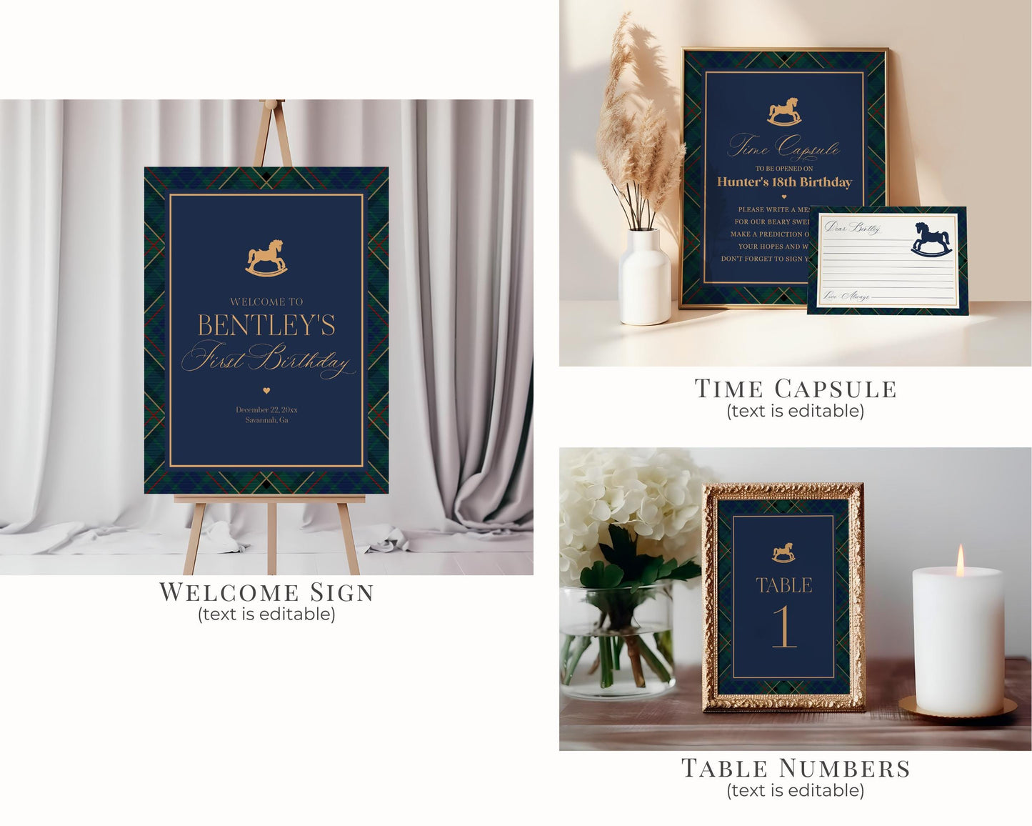 Classic Rocking Horse Birthday Bundle Printable Template, Blue Tartan Plaid Kids Birthday Party, Old Money Timeless Bday Celebration WP1087