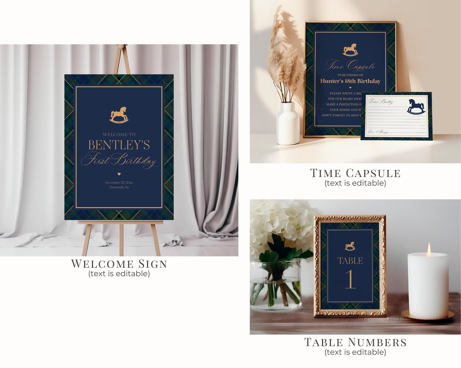 Classic Rocking Horse Birthday Bundle Printable Template, Blue Tartan Plaid Kids Birthday Party, Old Money Timeless Bday Celebration WP1087