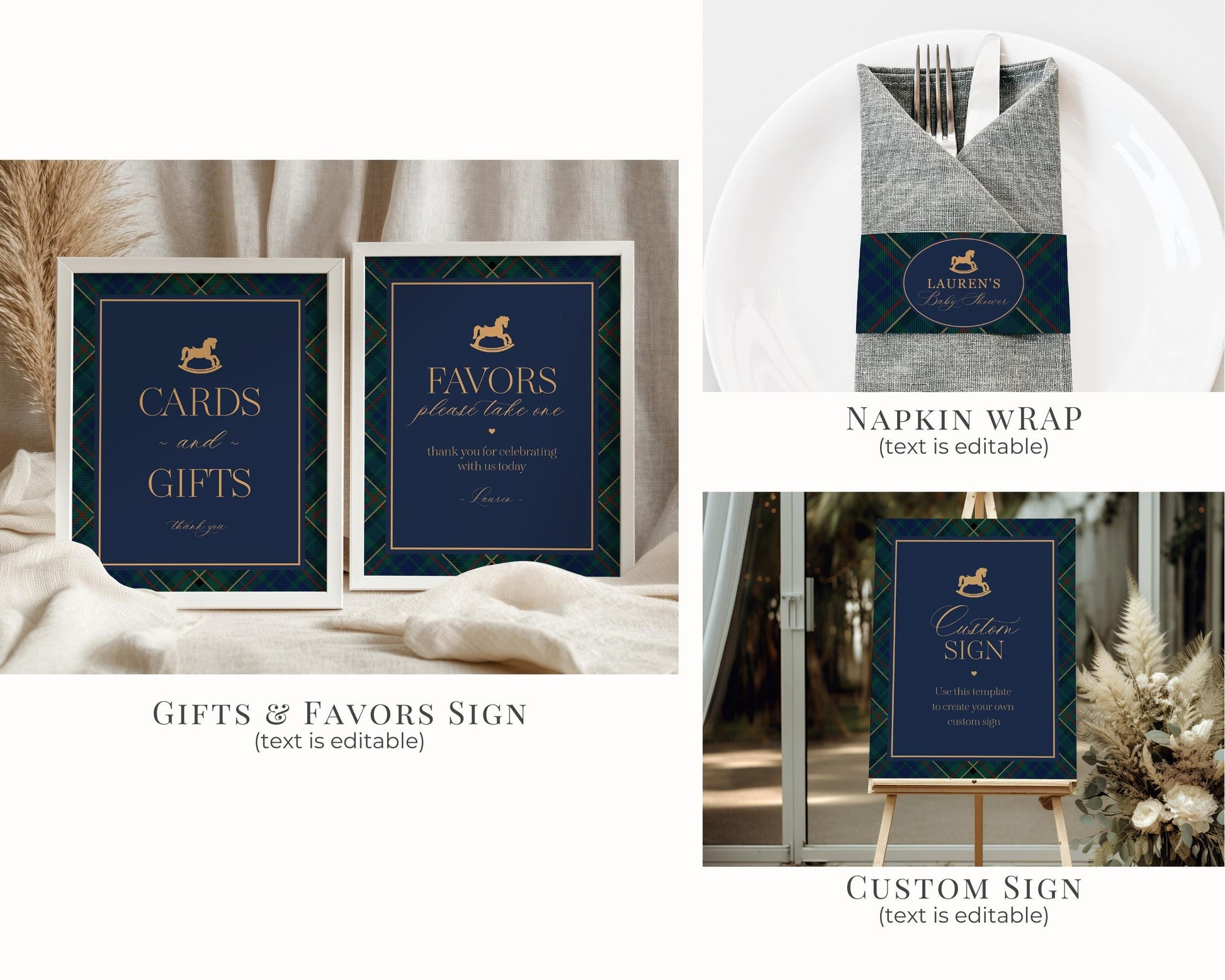 Classic Rocking Horse Birthday Bundle Printable Template, Blue Tartan Plaid Kids Birthday Party, Old Money Timeless Bday Celebration WP1087