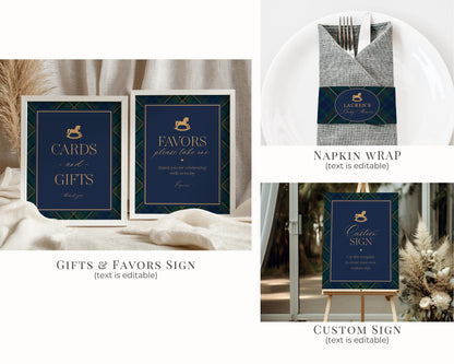 Classic Rocking Horse Birthday Bundle Printable Template, Blue Tartan Plaid Kids Birthday Party, Old Money Timeless Bday Celebration WP1087