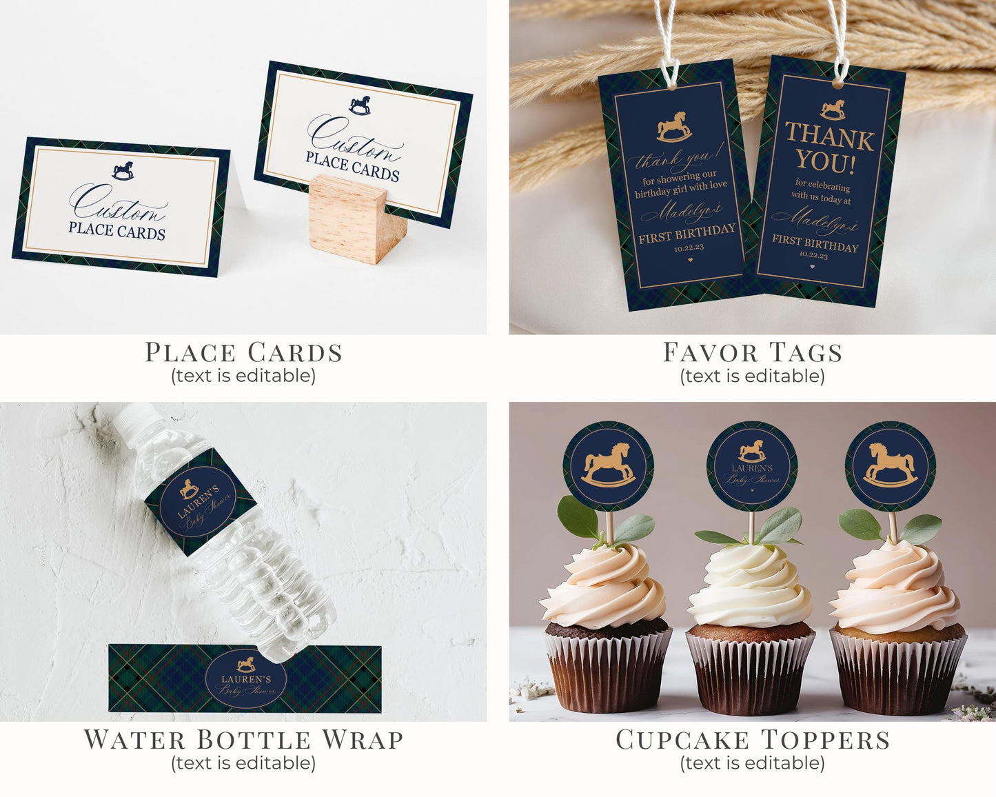 Classic Rocking Horse Birthday Bundle Printable Template, Blue Tartan Plaid Kids Birthday Party, Old Money Timeless Bday Celebration WP1087