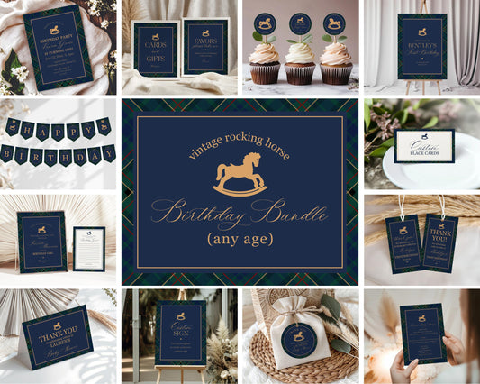 Classic Rocking Horse Birthday Bundle Printable Template, Blue Tartan Plaid Kids Birthday Party, Old Money Timeless Bday Celebration WP1087