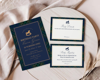 Classic Rocking Horse Birthday Bundle Printable Template, Blue Tartan Plaid Kids Birthday Party, Old Money Timeless Bday Celebration WP1087