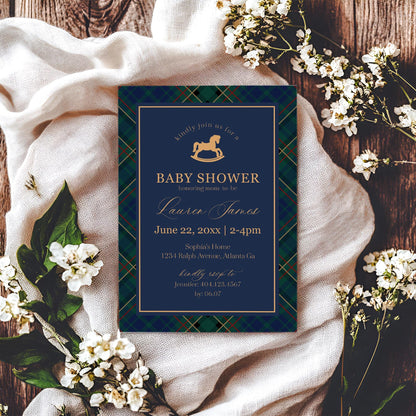 Classic Rocking Horse Baby Shower Invitation Printable Template, Blue Tartan Plaid Baby Sprinkle, Old Money Style Brunch with Mom WP1087