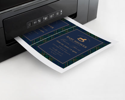 Classic Rocking Horse Baby Shower Invitation Printable Template, Blue Tartan Plaid Baby Sprinkle, Old Money Style Brunch with Mom WP1087