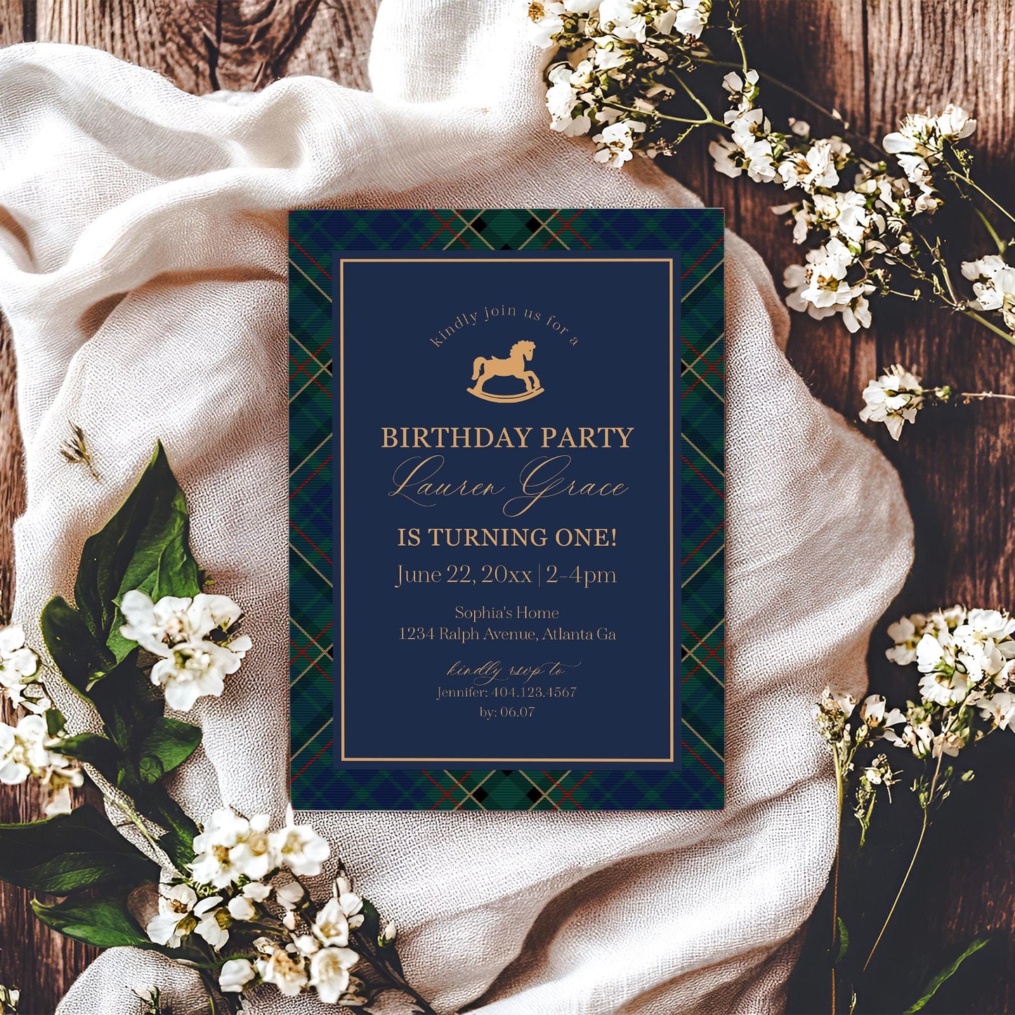 Classic Rocking Horse Birthday Invite Printable Template, Blue Tartan Plaid First Birthday Party, Old Money Timeless Bday Celebration WP1087