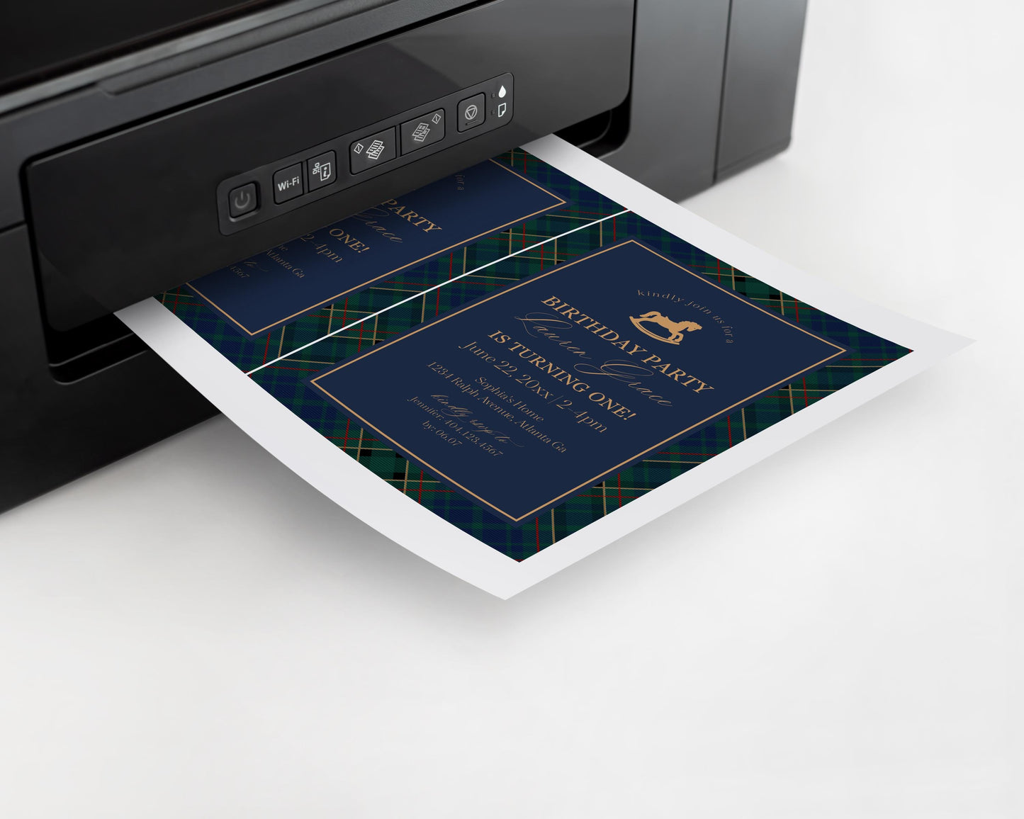 Classic Rocking Horse Birthday Invite Printable Template, Blue Tartan Plaid First Birthday Party, Old Money Timeless Bday Celebration WP1087