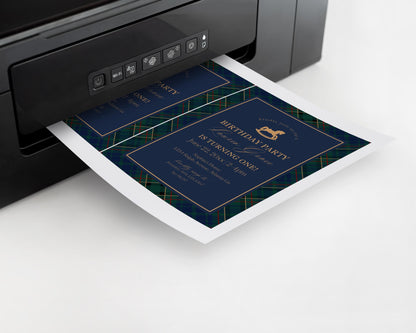 Classic Rocking Horse Birthday Invite Printable Template, Blue Tartan Plaid First Birthday Party, Old Money Timeless Bday Celebration WP1087