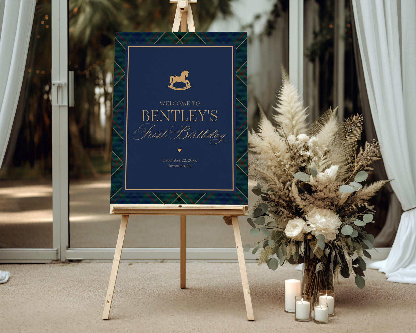 Classic Rocking Horse Birthday Party Welcome Sign Template, Blue Tartan Plaid First Birthday Party, Old Money Timeless Bday Party WP1087