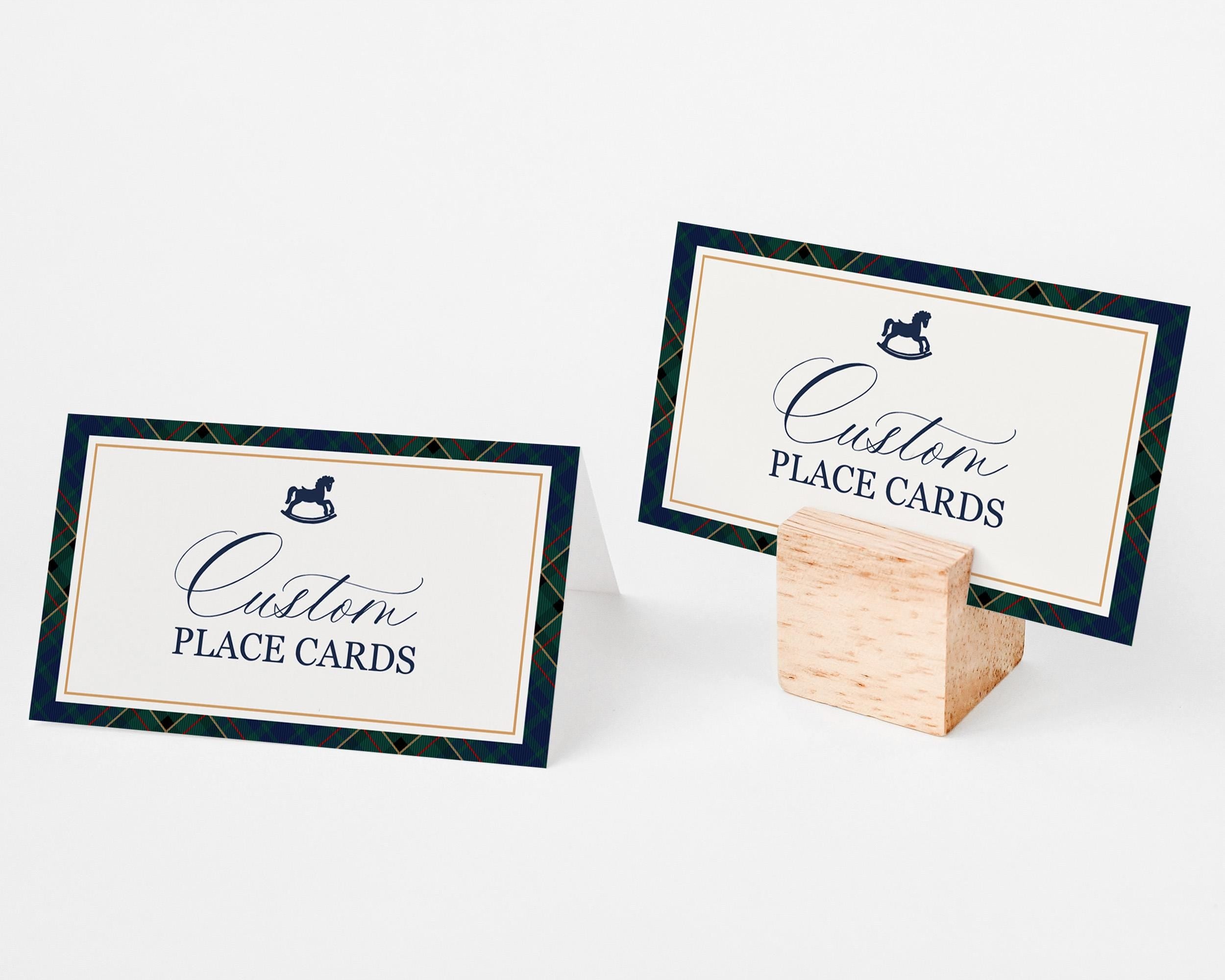 Classic Rocking Horse Place Cards Template, Blue Tartan Plaid Baby Shower, Old Money Timeless First Birthday Party WP1087