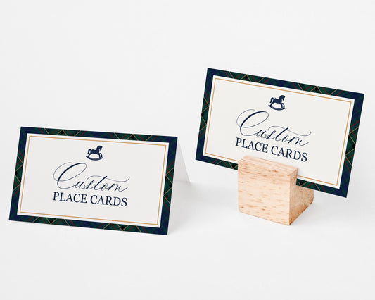 Classic Rocking Horse Place Cards Template, Blue Tartan Plaid Baby Shower, Old Money Timeless First Birthday Party WP1087