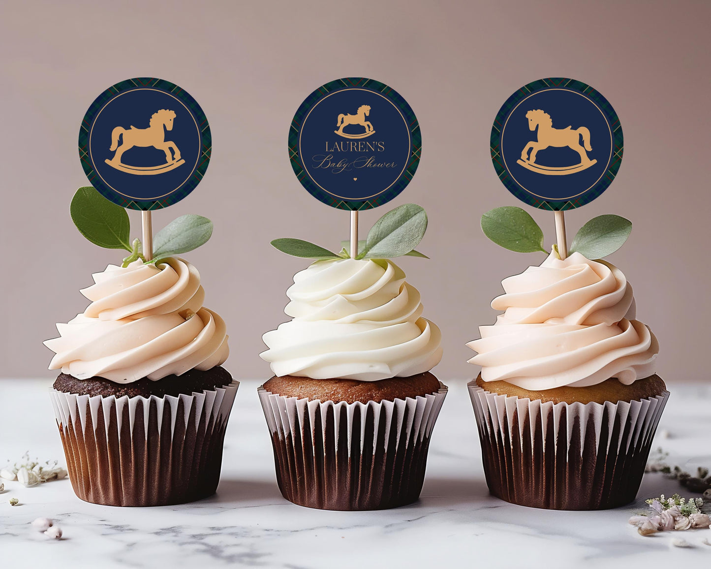 Classic Rocking Horse Cupcake Toppers Template, Blue Tartan Plaid Baby Shower, Old Money Timeless First Birthday Party WP1087