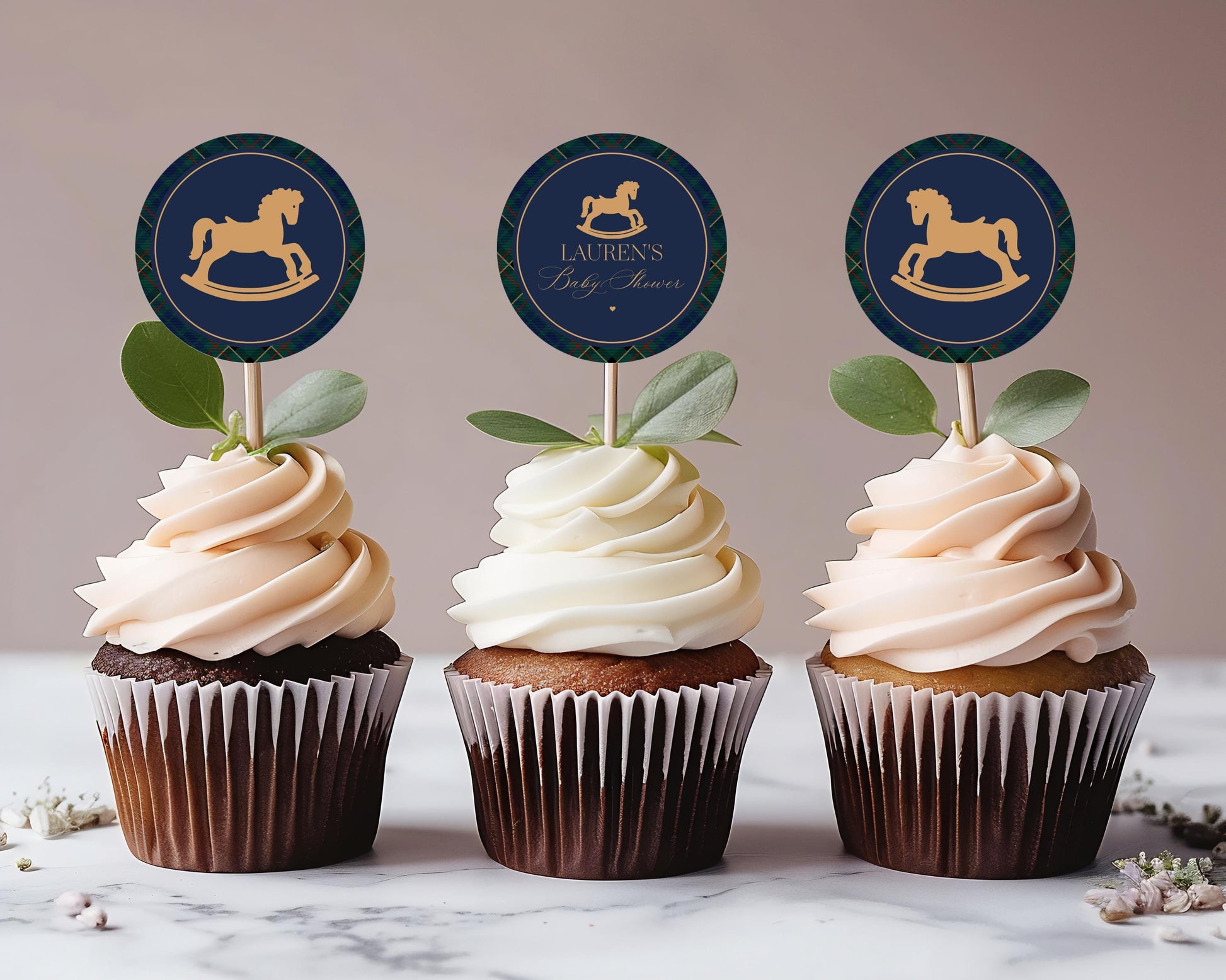 Classic Rocking Horse Cupcake Toppers Template, Blue Tartan Plaid Baby Shower, Old Money Timeless First Birthday Party WP1087