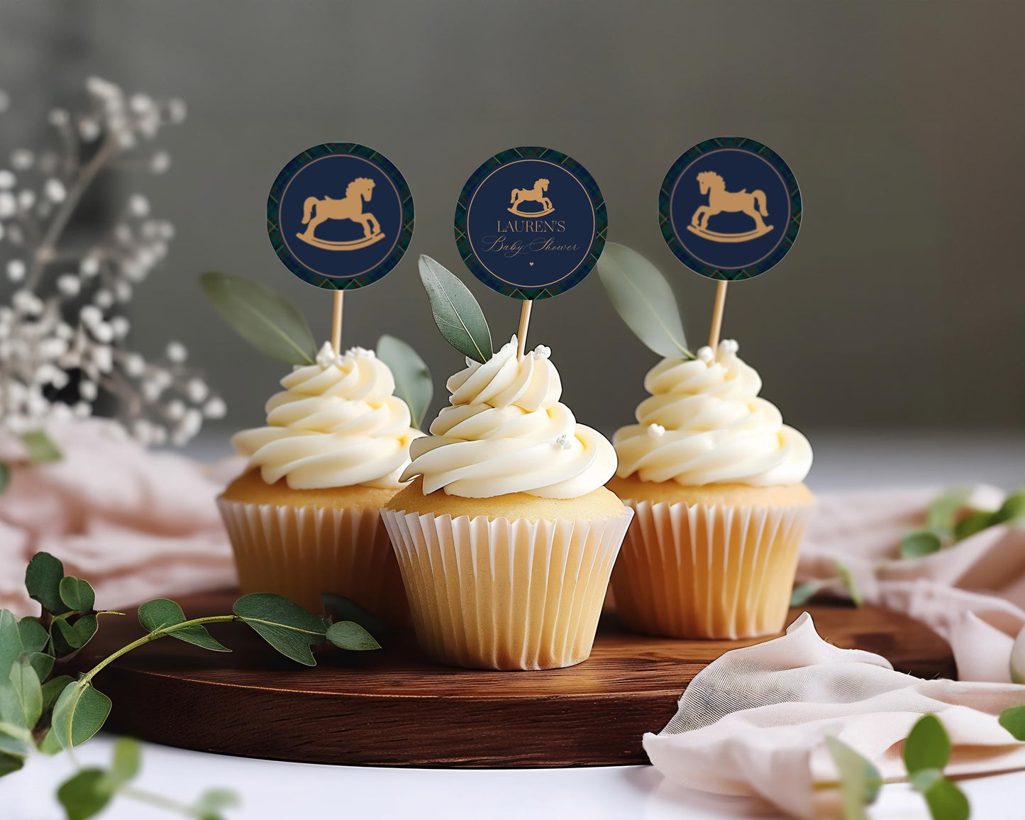 Classic Rocking Horse Cupcake Toppers Template, Blue Tartan Plaid Baby Shower, Old Money Timeless First Birthday Party WP1087