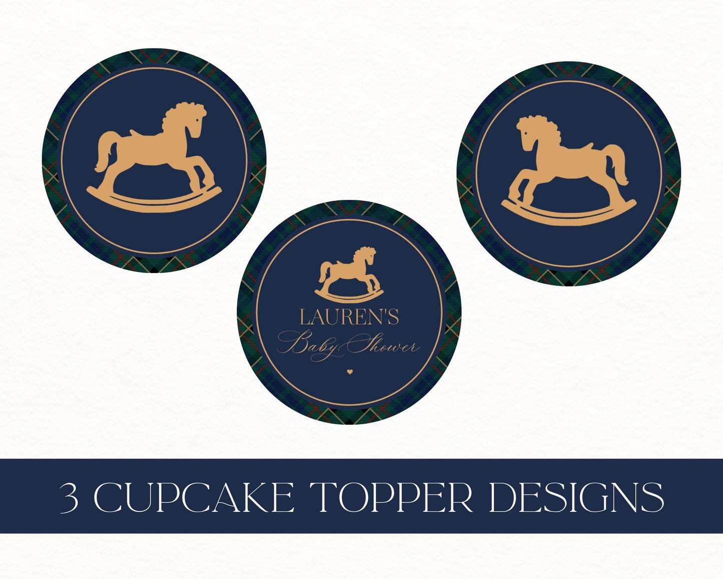 Classic Rocking Horse Cupcake Toppers Template, Blue Tartan Plaid Baby Shower, Old Money Timeless First Birthday Party WP1087