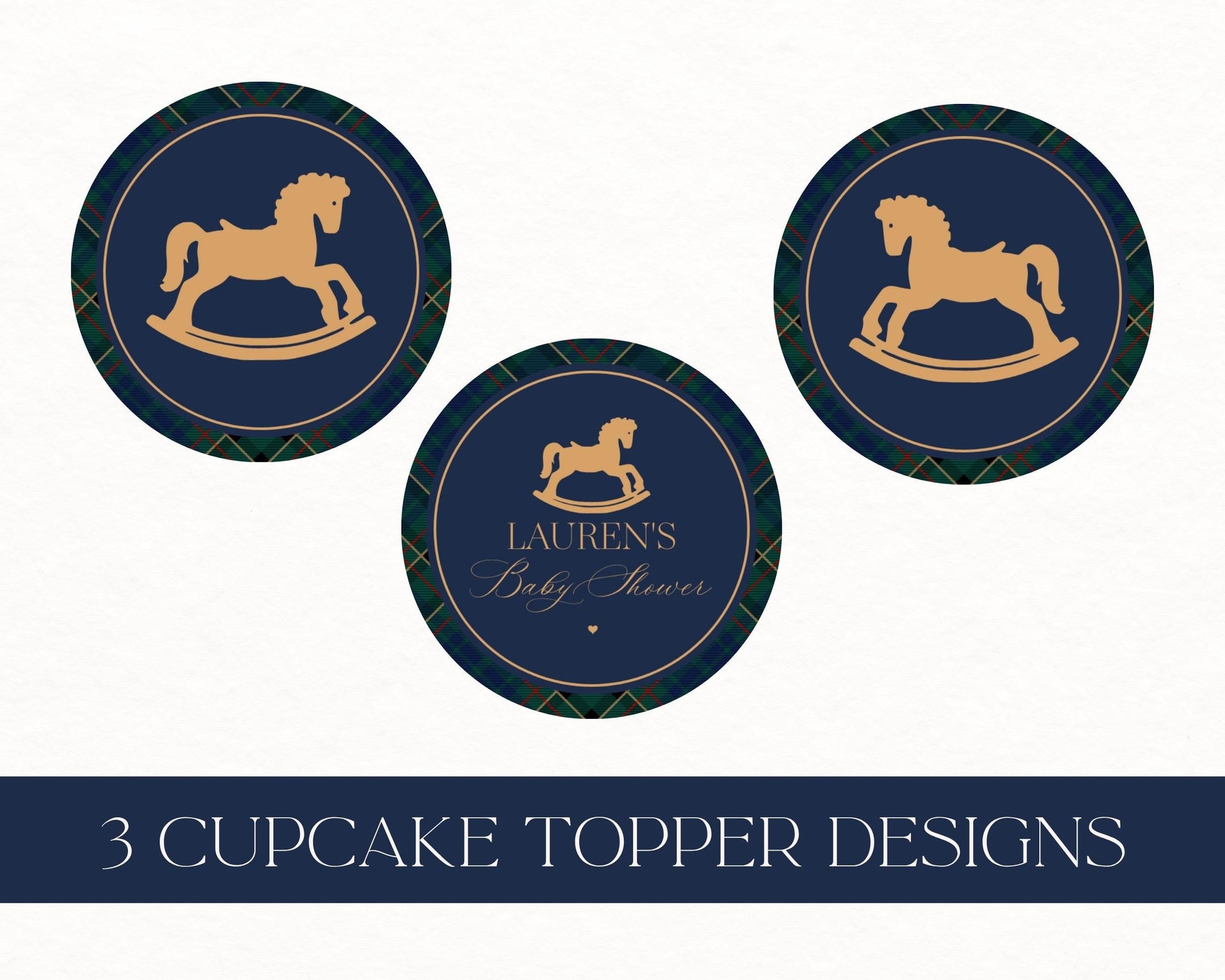 Classic Rocking Horse Cupcake Toppers Template, Blue Tartan Plaid Baby Shower, Old Money Timeless First Birthday Party WP1087