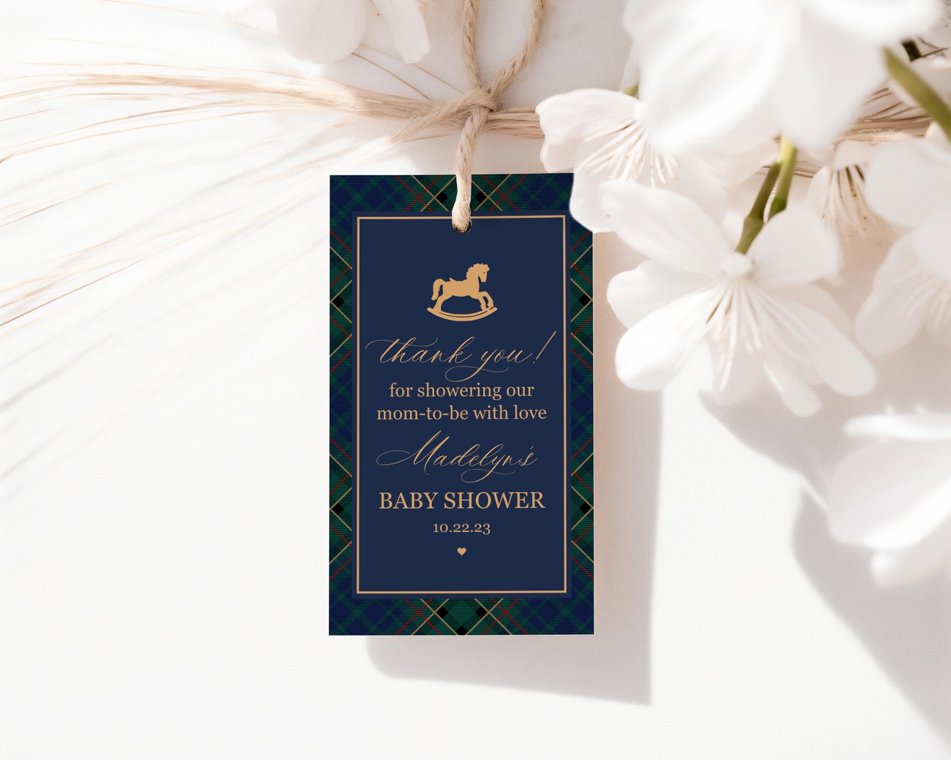 Classic Rocking Horse Baby Shower Favor Tags Template, Blue Tartan Plaid Baby Sprinkle, Old Money Style Brunch with Mom to Be WP1087