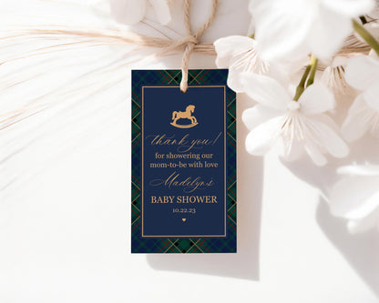 Classic Rocking Horse Baby Shower Favor Tags Template, Blue Tartan Plaid Baby Sprinkle, Old Money Style Brunch with Mom to Be WP1087