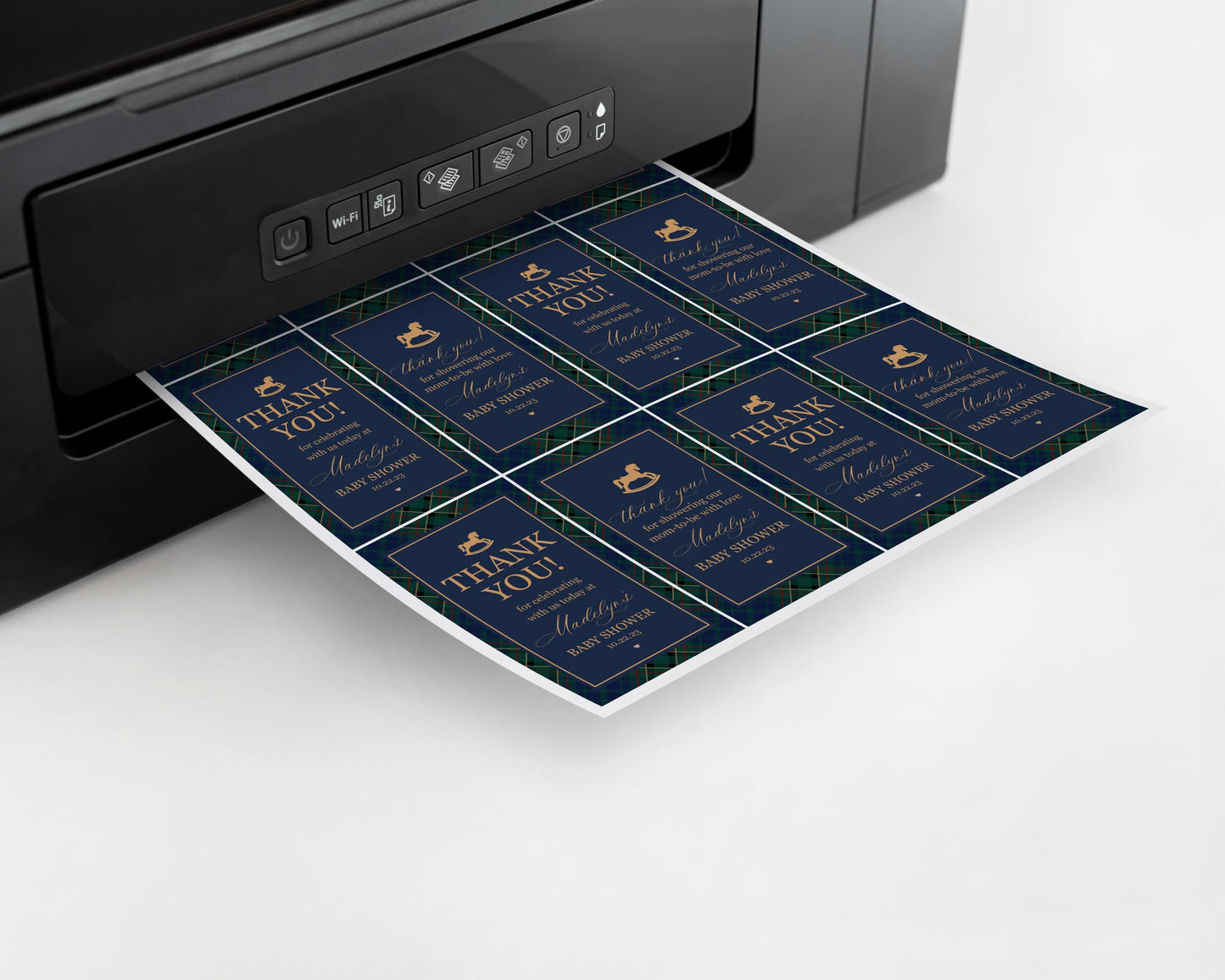 Classic Rocking Horse Baby Shower Favor Tags Template, Blue Tartan Plaid Baby Sprinkle, Old Money Style Brunch with Mom to Be WP1087