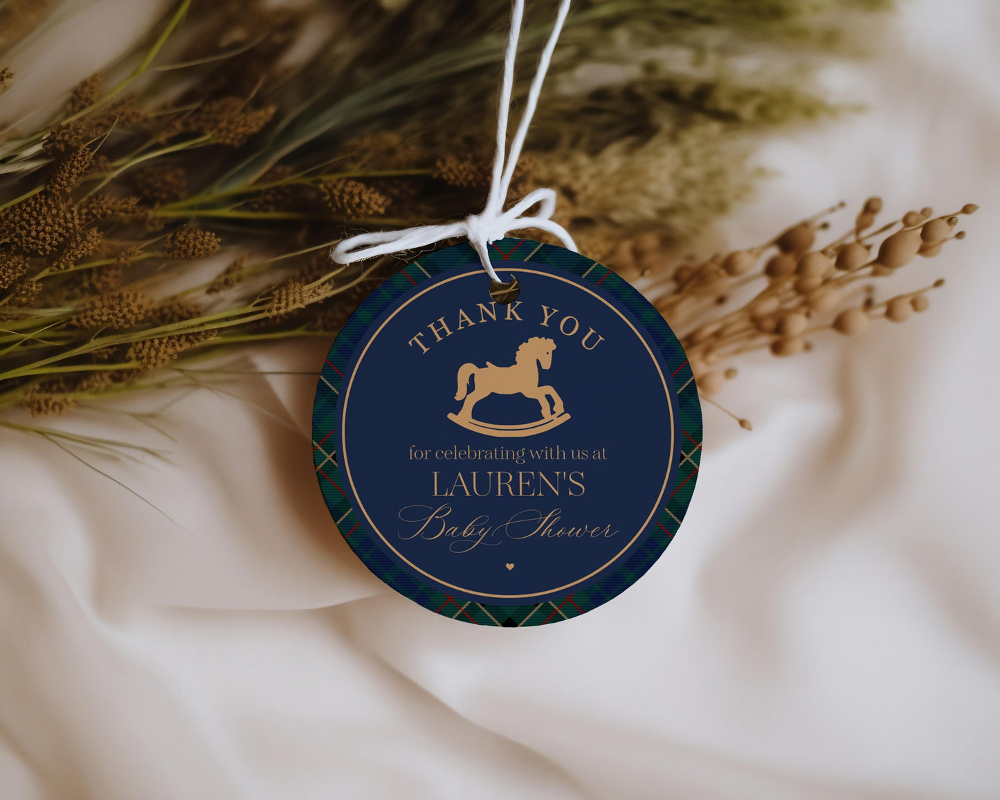 Classic Rocking Horse Baby Shower Favor Tags Template, Blue Tartan Plaid Baby Sprinkle, Old Money Style Brunch with Mom to Be WP1087