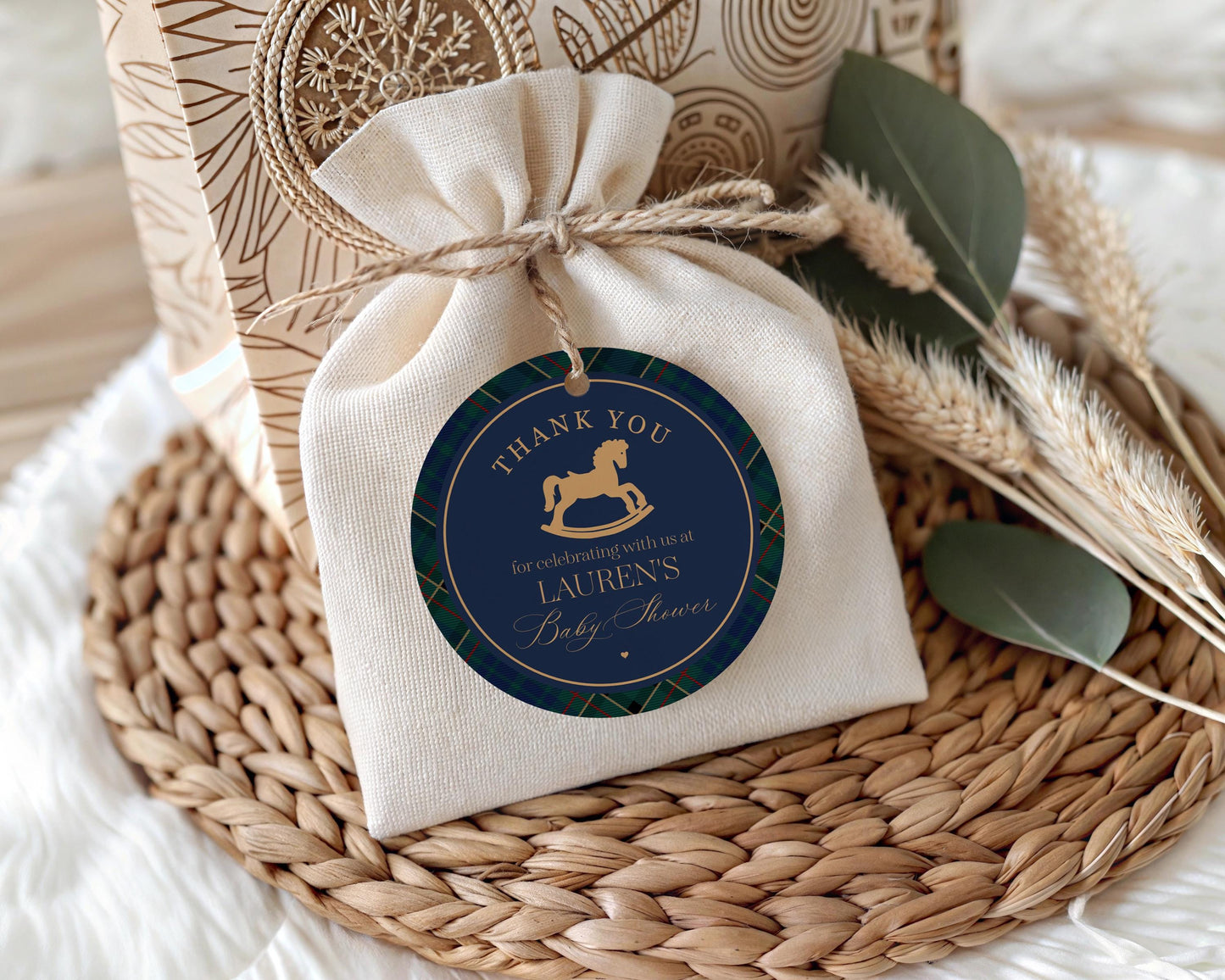 Classic Rocking Horse Baby Shower Favor Tags Template, Blue Tartan Plaid Baby Sprinkle, Old Money Style Brunch with Mom to Be WP1087